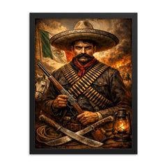 Emiliano Zapata beneath a bandolier crossed chest framed print on a plain backdrop in size 18"x24".