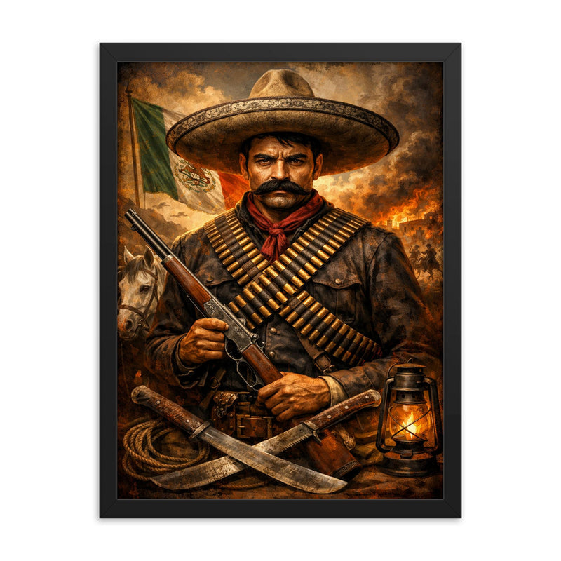 Emiliano Zapata beneath a bandolier crossed chest framed print on a plain backdrop in size 18