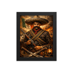 Emiliano Zapata beneath a bandolier crossed chest framed print on a plain backdrop in size 8"x10".
