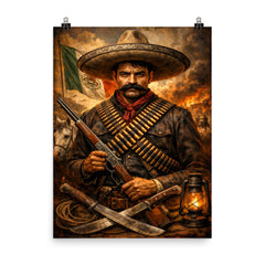 Emiliano Zapata beneath a bandolier crossed chest poster on a plain backdrop in size 8"x10".