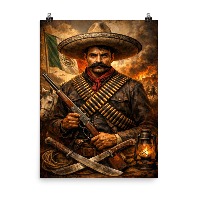 Emiliano Zapata beneath a bandolier crossed chest poster on a plain backdrop in size 8