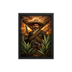 Emiliano Zapata beneath crossed bandoliers and agave framed print on a plain backdrop in size 12"x16".