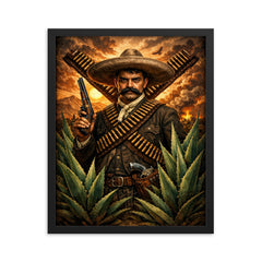 Emiliano Zapata beneath crossed bandoliers and agave framed print on a plain backdrop in size 16"x20".