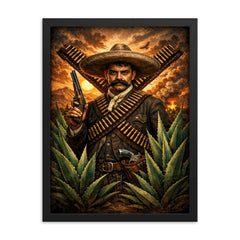 Emiliano Zapata beneath crossed bandoliers and agave framed print on a plain backdrop in size 18"x24".