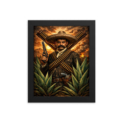 Emiliano Zapata beneath crossed bandoliers and agave framed print on a plain backdrop in size 8"x10".