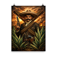 Emiliano Zapata beneath crossed bandoliers and agave poster on a plain backdrop in size 8"x10".