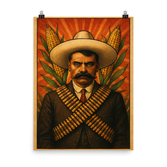 Emiliano Zapata beneath crossed bandoliers and maize poster on a plain backdrop in size 8"x10".