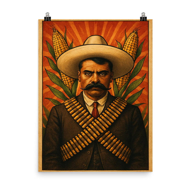 Emiliano Zapata beneath crossed bandoliers and maize poster on a plain backdrop in size 8