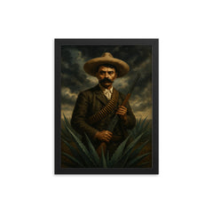 Emiliano Zapata beneath storm clouds and agave framed print on a plain backdrop in size 12"x16".