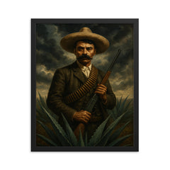 Emiliano Zapata beneath storm clouds and agave framed print on a plain backdrop in size 16"x20".