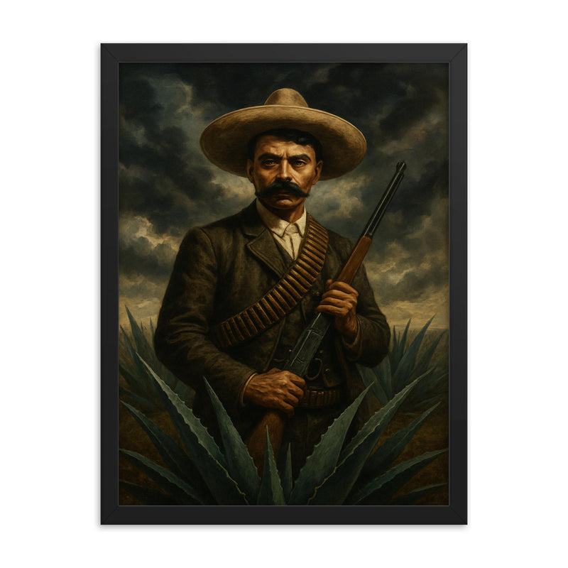 Emiliano Zapata beneath storm clouds and agave framed print on a plain backdrop in size 18