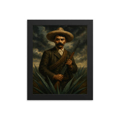 Emiliano Zapata beneath storm clouds and agave framed print on a plain backdrop in size 8"x10".