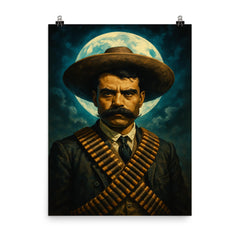 Emiliano Zapata moonlit portrait with cartridge belts poster on a plain backdrop in size 8"x10".