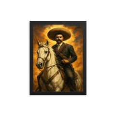 Emiliano Zapata on white horse bandolier crossed framed print on a plain backdrop in size 12"x16".