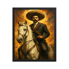 Emiliano Zapata on white horse bandolier crossed framed print on a plain backdrop in size 16"x20".