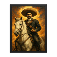 Emiliano Zapata on white horse bandolier crossed framed print on a plain backdrop in size 18"x24".