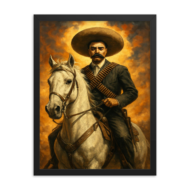 Emiliano Zapata on white horse bandolier crossed framed print on a plain backdrop in size 18
