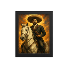 Emiliano Zapata on white horse bandolier crossed framed print on a plain backdrop in size 8"x10".