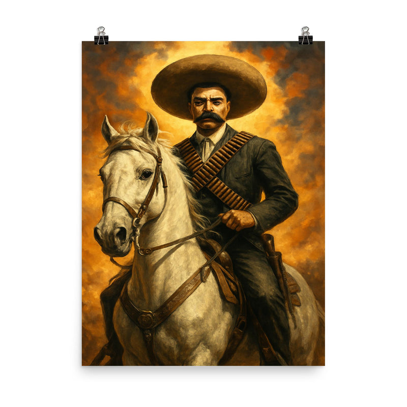 Emiliano Zapata on white horse bandolier crossed poster on a plain backdrop in size 8