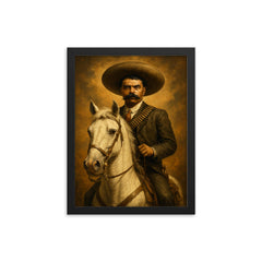 Emiliano Zapata on white horse portrait framed print on a plain backdrop in size 12"x16".