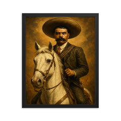 Emiliano Zapata on white horse portrait framed print on a plain backdrop in size 16"x20".
