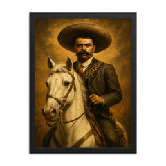 Emiliano Zapata on white horse portrait framed print on a plain backdrop in size 18"x24".