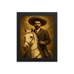 Emiliano Zapata on white horse portrait framed print on a plain backdrop in size 8"x10".