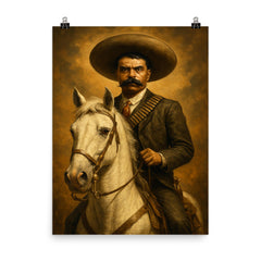 Emiliano Zapata on white horse portrait poster on a plain backdrop in size 8"x10".