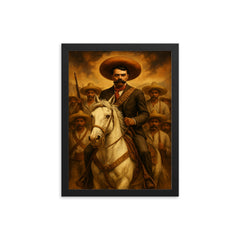 Emiliano Zapata on white horse with campesinos framed print on a plain backdrop in size 12"x16".
