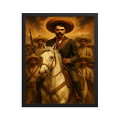 Emiliano Zapata on white horse with campesinos framed print on a plain backdrop in size 16"x20".