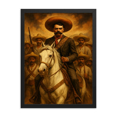 Emiliano Zapata on white horse with campesinos framed print on a plain backdrop in size 18"x24".