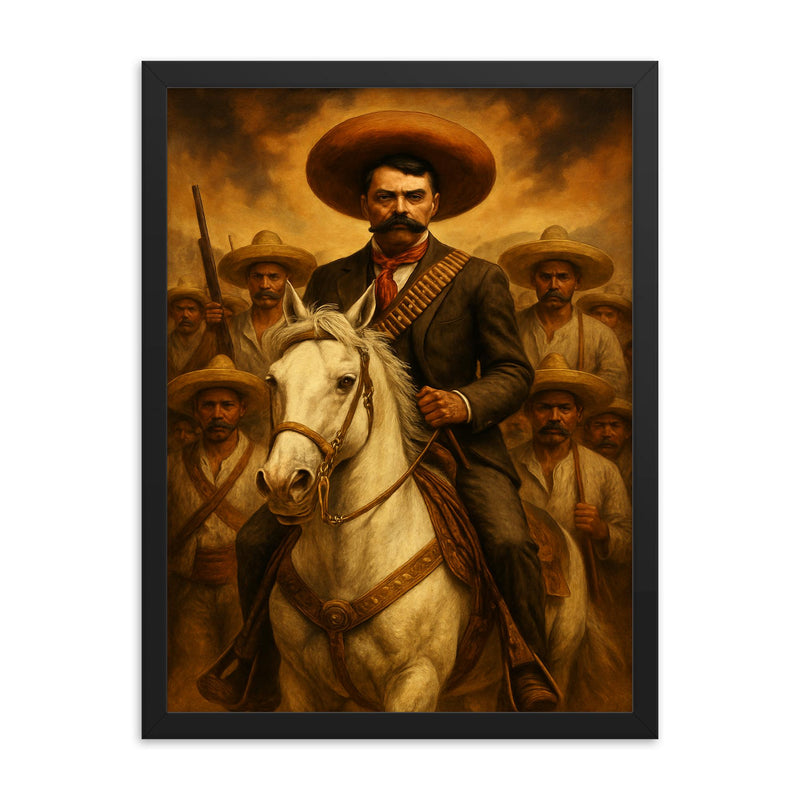 Emiliano Zapata on white horse with campesinos framed print on a plain backdrop in size 18