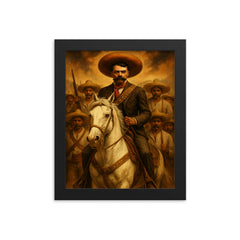 Emiliano Zapata on white horse with campesinos framed print on a plain backdrop in size 8"x10".