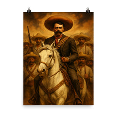 Emiliano Zapata on white horse with campesinos poster on a plain backdrop in size 8"x10".