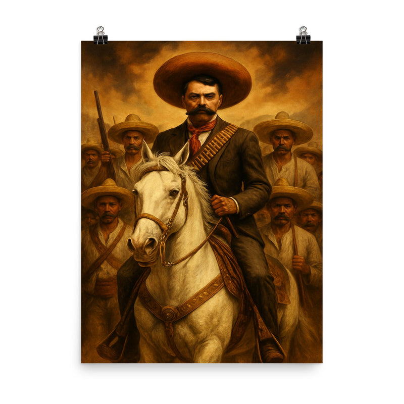 Emiliano Zapata on white horse with campesinos poster on a plain backdrop in size 8