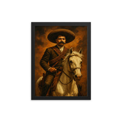 Emiliano Zapata on white horse with cartridge belts framed print on a plain backdrop in size 12"x16".