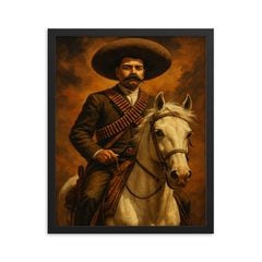 Emiliano Zapata on white horse with cartridge belts framed print on a plain backdrop in size 16"x20".