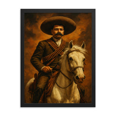 Emiliano Zapata on white horse with cartridge belts framed print on a plain backdrop in size 18"x24".