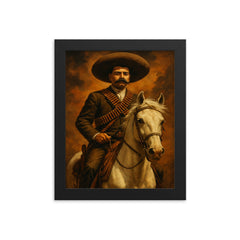 Emiliano Zapata on white horse with cartridge belts framed print on a plain backdrop in size 8"x10".
