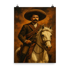 Emiliano Zapata on white horse with cartridge belts poster on a plain backdrop in size 8"x10".