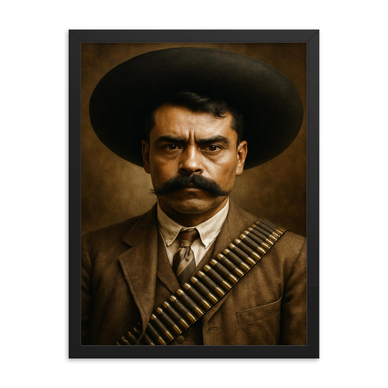 Emiliano Zapata portrait framed print on a plain backdrop in size 18