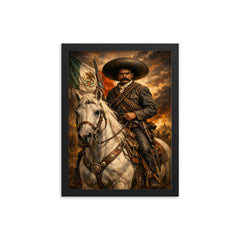 Emiliano Zapata with white horse and cartridge belts framed print on a plain backdrop in size 12"x16".