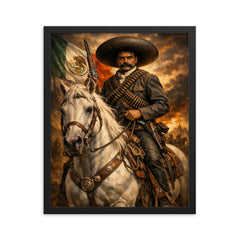 Emiliano Zapata with white horse and cartridge belts framed print on a plain backdrop in size 16"x20".
