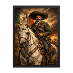 Emiliano Zapata with white horse and cartridge belts framed print on a plain backdrop in size 18"x24".