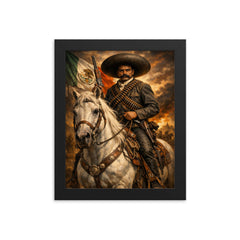 Emiliano Zapata with white horse and cartridge belts framed print on a plain backdrop in size 8"x10".