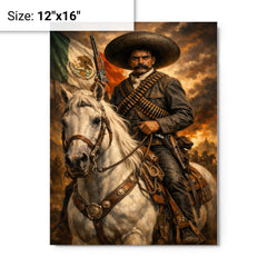 Emiliano Zapata with white horse and cartridge belts metal print on a plain backdrop in size 12"x16".