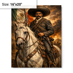Emiliano Zapata with white horse and cartridge belts metal print on a plain backdrop in size 16"x20".