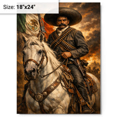 Emiliano Zapata with white horse and cartridge belts metal print on a plain backdrop in size 18"x24".