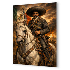 Emiliano Zapata with white horse and cartridge belts metal print mockup
