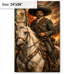 Emiliano Zapata with white horse and cartridge belts metal print on a plain backdrop in size 24"x36".